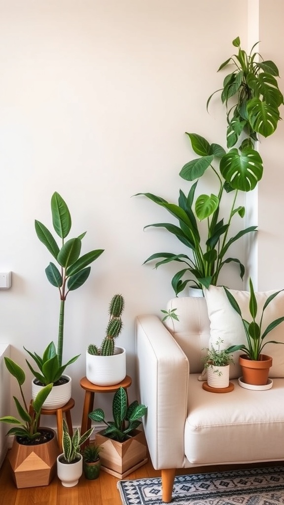 A cozy indoor plant corner featuring various plants in stylish pots next to a light-colored sofa.