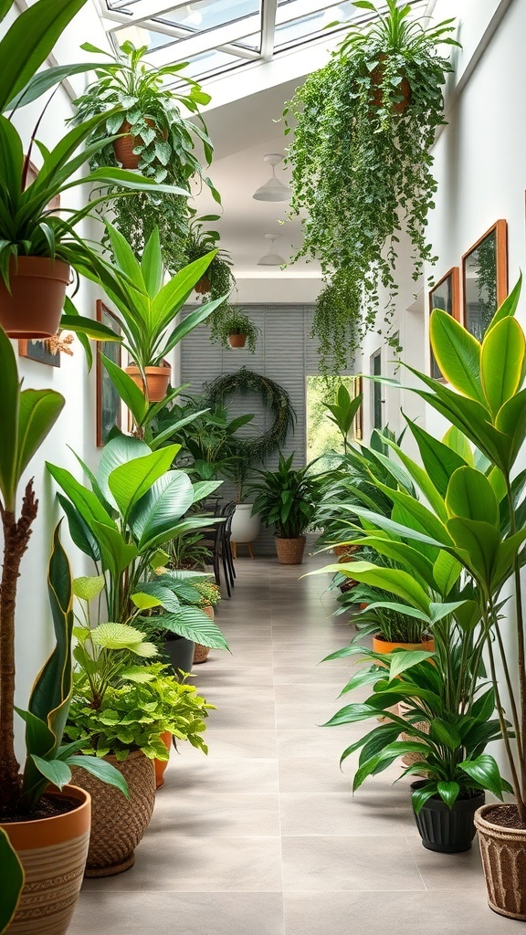 A hallway filled with various indoor plants in decorative pots, creating a vibrant and inviting atmosphere.