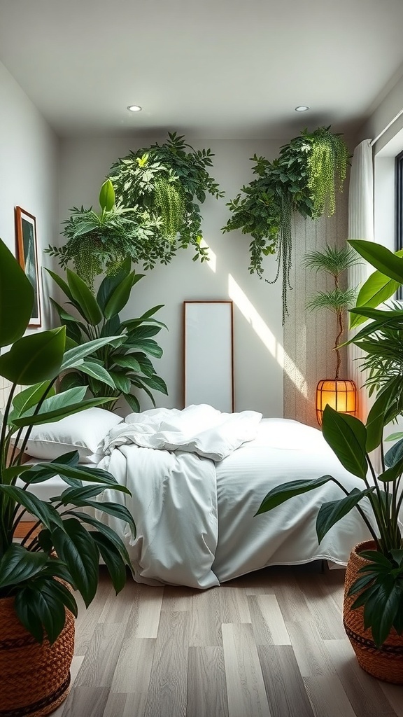 A cozy bedroom with large potted plants and hanging greenery, creating a serene indoor plant oasis.