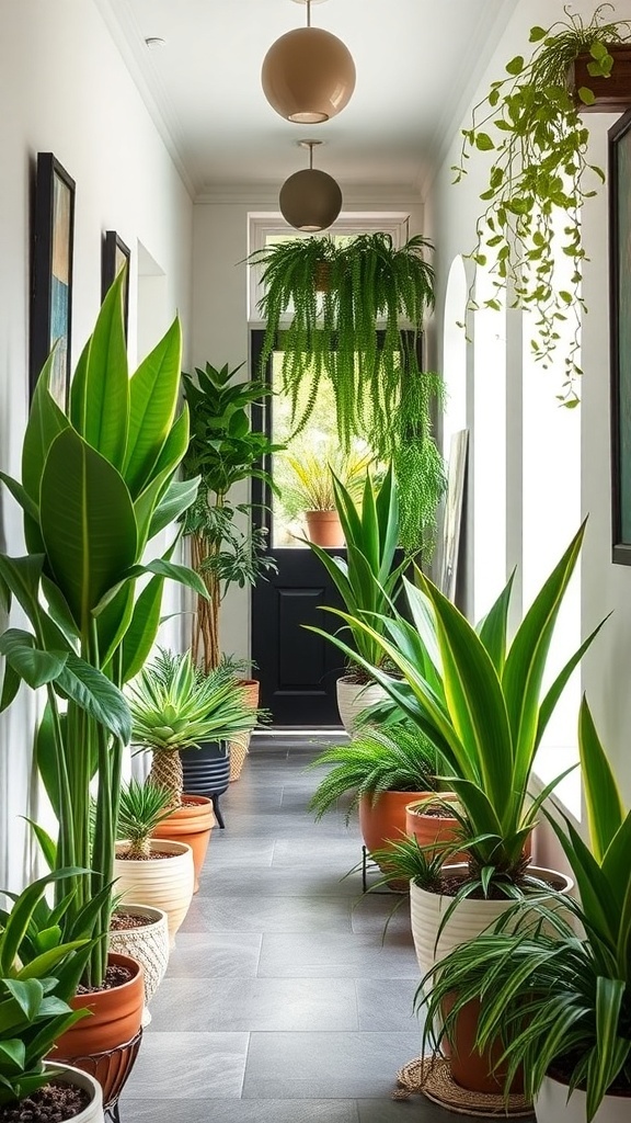 A hallway filled with various indoor plants in stylish pots, creating a vibrant and inviting atmosphere.
