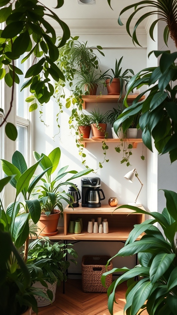A cozy coffee nook surrounded by indoor plants, featuring a coffee maker and wooden shelves with potted plants.