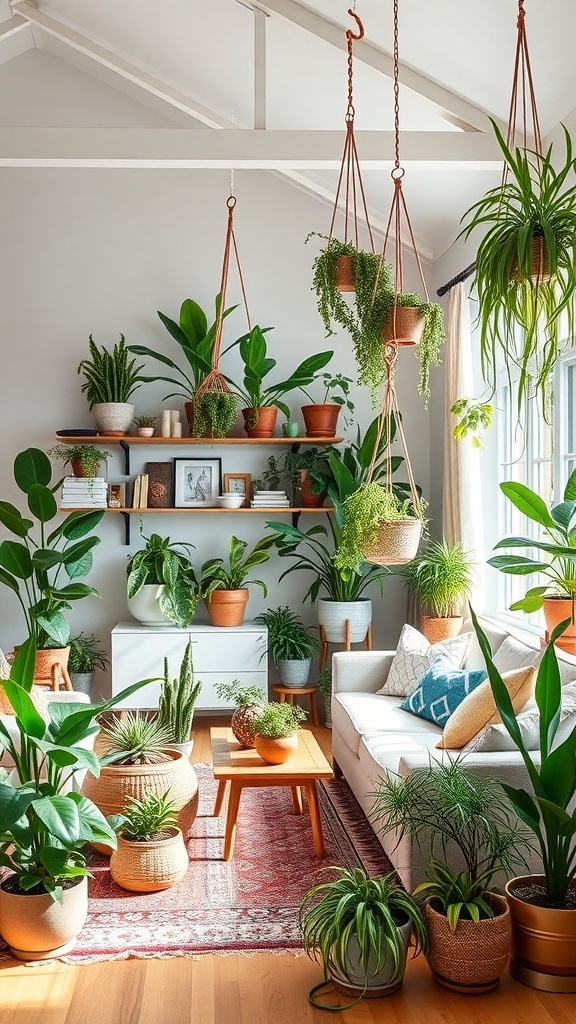 A vibrant living room filled with various indoor plants, featuring hanging planters and a cozy sofa.