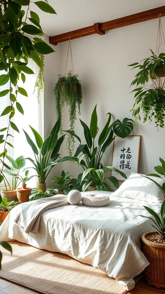 A cozy bedroom filled with indoor plants, featuring a bed with soft bedding and a serene atmosphere.