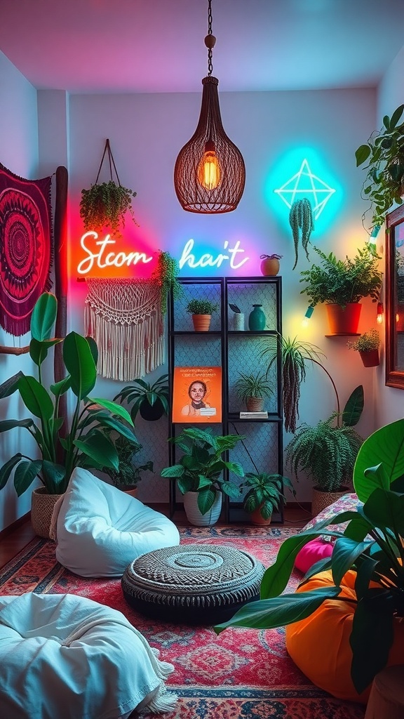 A cozy room filled with indoor plants, colorful neon signs, and soft seating, showcasing a boho aesthetic.