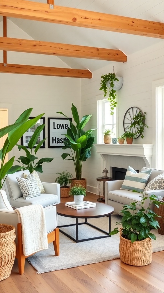 Cozy farmhouse living room with indoor plants and greenery.