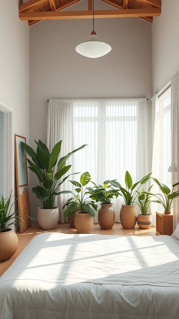 A Japandi bedroom with various indoor plants in stylish pots, featuring large windows and natural wood elements.