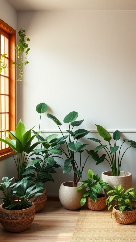 A cozy corner with various indoor plants in natural pots, showcasing Japandi style decor.