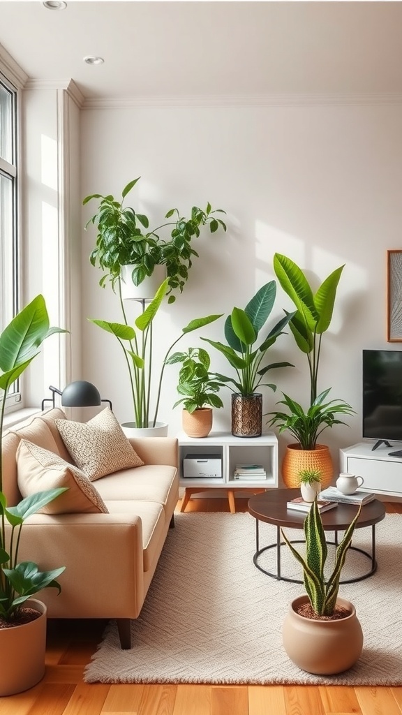 A cozy living room with various indoor plants, featuring a beige sofa, wooden flooring, and a coffee table.