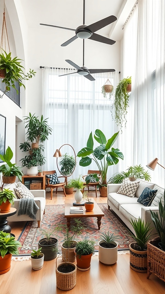 A cozy boho living room filled with various indoor plants, showcasing a vibrant and inviting atmosphere.