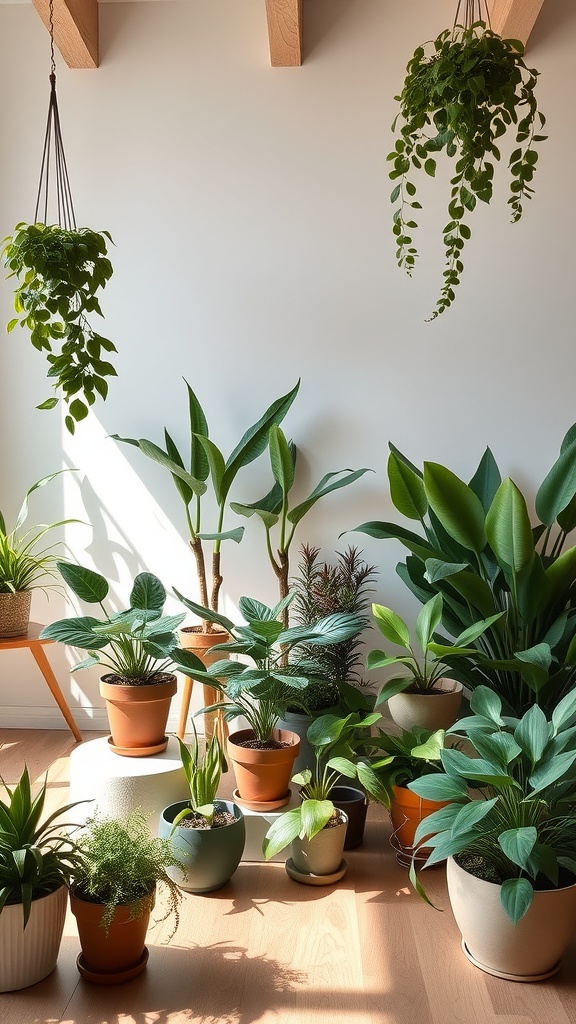A variety of indoor plants in pots, creating a lush atmosphere.