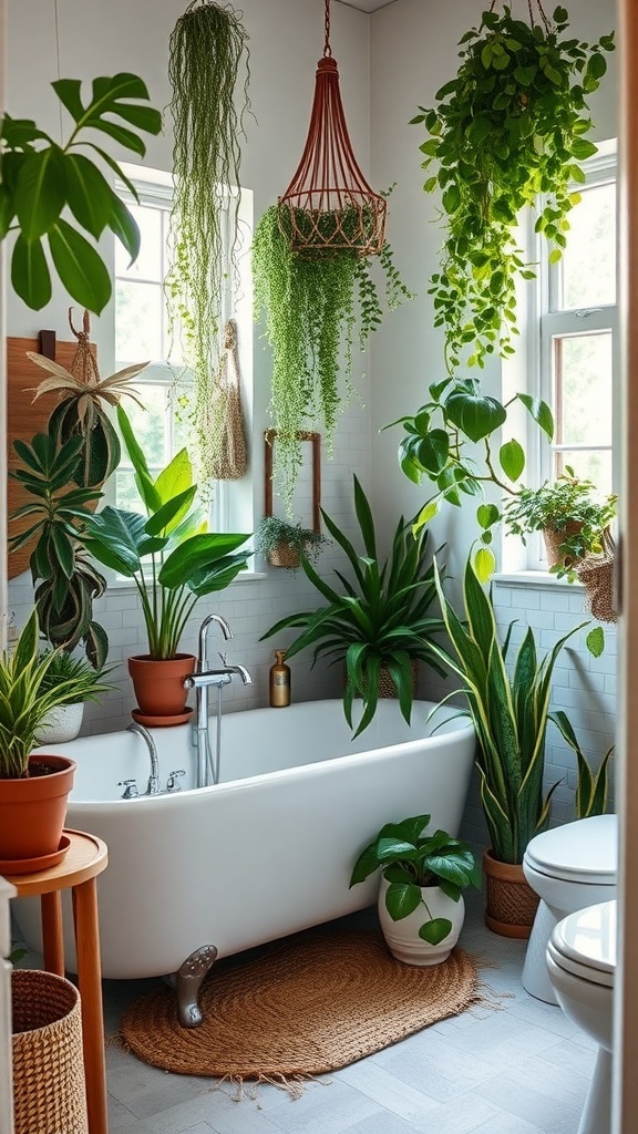 A boho bathroom filled with various indoor plants, featuring hanging plants and potted plants around a bathtub.