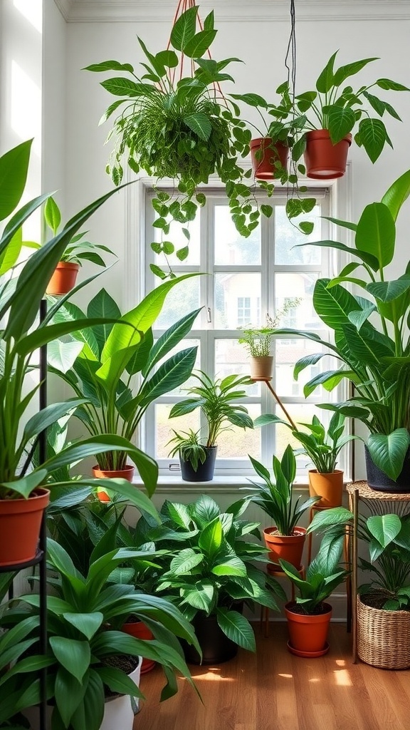 Indoor plants arranged in a bright room with large windows, showcasing a variety of greenery.