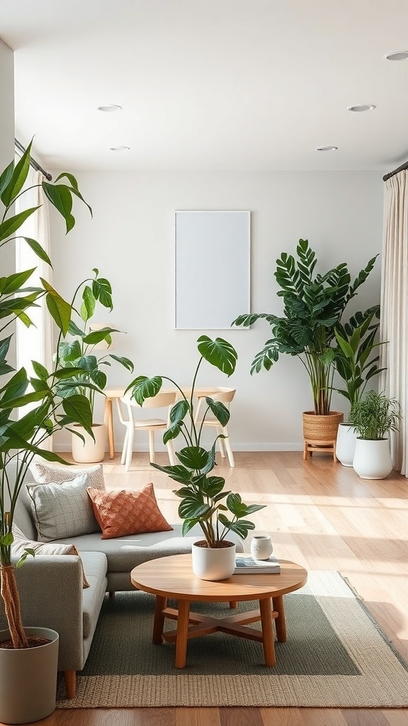 A cozy Japandi living room featuring various indoor plants, a light-colored sofa, and a wooden coffee table.