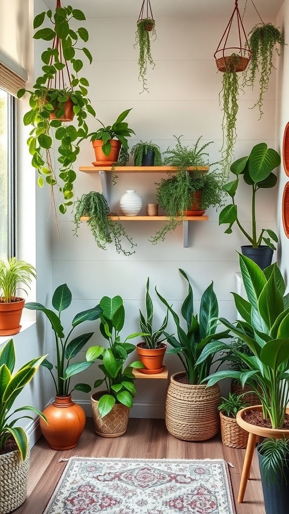 Indoor plants arranged in a cozy corner with shelves and pots, enhancing air quality and aesthetics.