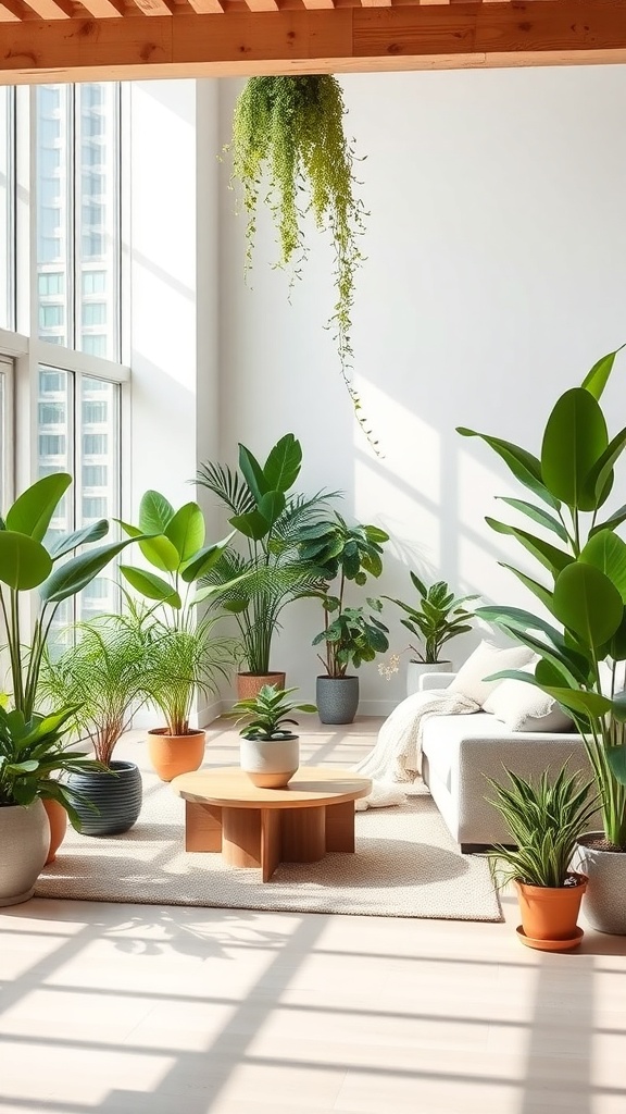 A bright indoor space filled with various indoor plants, showcasing their beauty and air-purifying benefits.