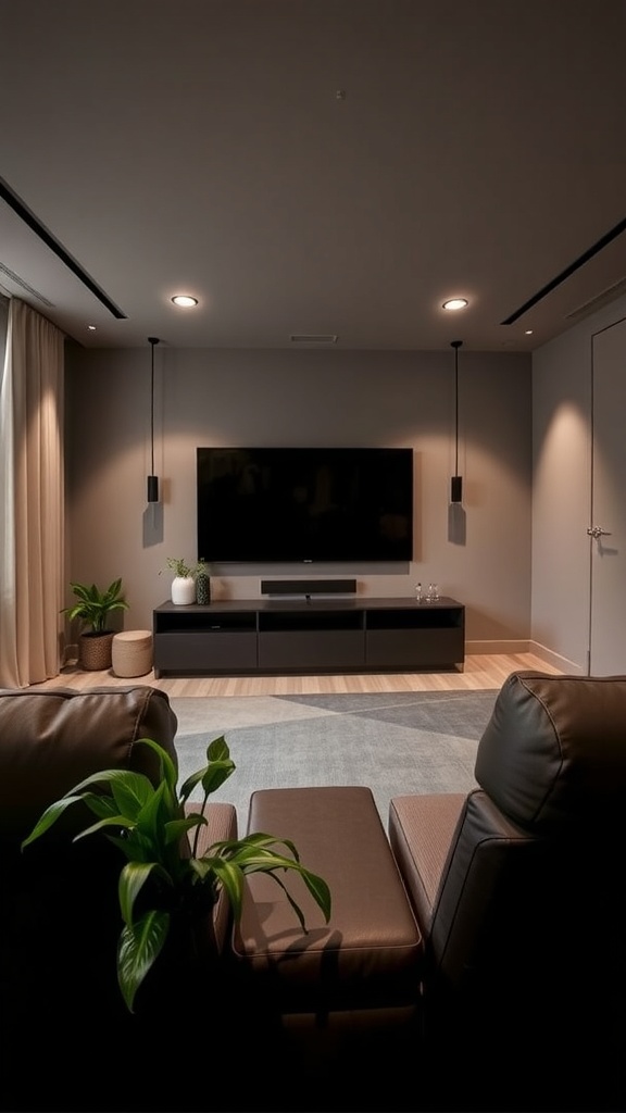 A minimalist home theater with indoor plants, comfortable seating, and a large TV.