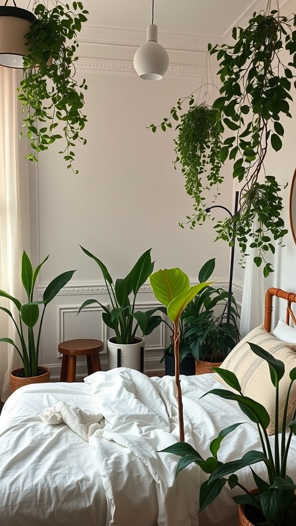 A cozy bedroom filled with various indoor plants, creating a fresh and inviting atmosphere.