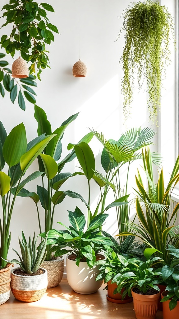 A collection of indoor plants in various pots, showcasing a vibrant and fresh atmosphere.