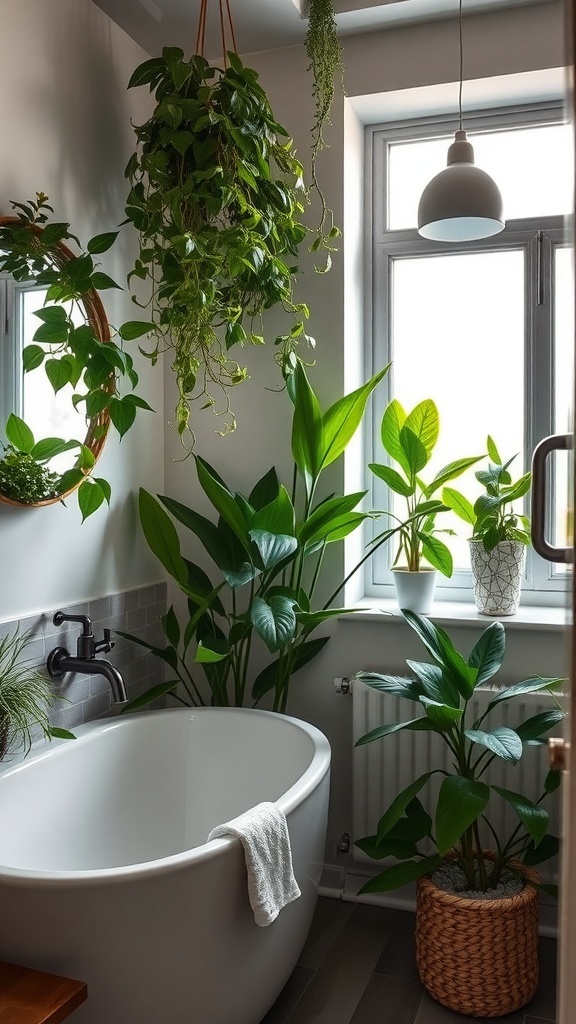 A modern bathroom featuring various indoor plants, including hanging and potted varieties, with a sleek sink and white tiles.