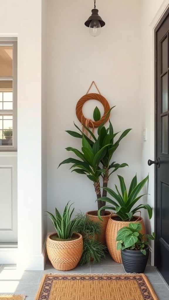 Indoor plants in stylish pots in an entryway.