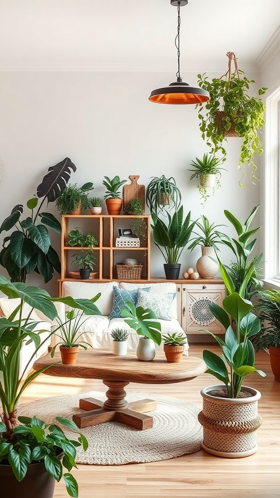 Cozy living room filled with various indoor plants and natural decor.