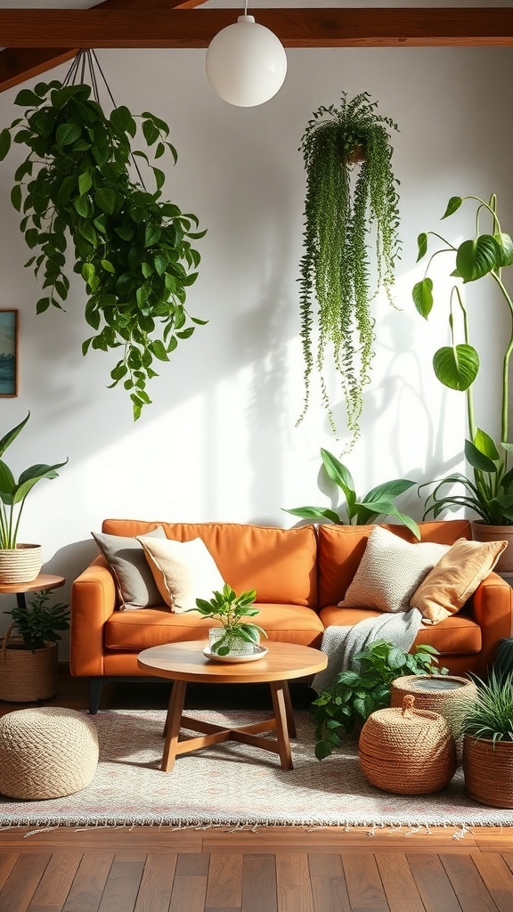 A cozy living room with an orange sofa surrounded by various indoor plants.