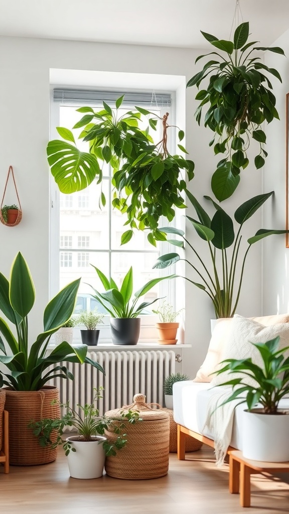 A cozy living room filled with various indoor plants near a window.