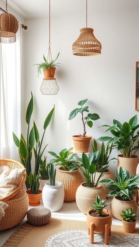 A cozy indoor space filled with various indoor plants in stylish pots, creating a boho chic atmosphere.