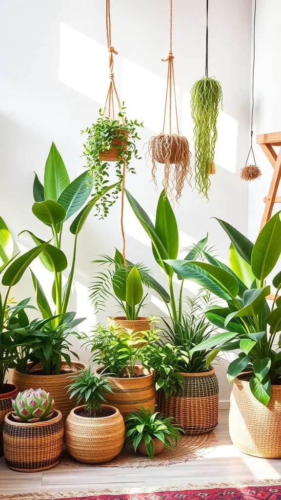 A collection of indoor plants in stylish baskets, showcasing a modern boho decor style.