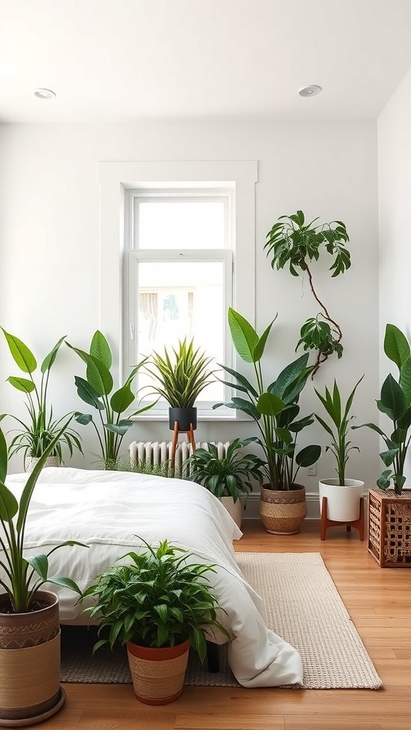 A cozy bedroom filled with various indoor plants, showcasing a minimalist Japandi style.