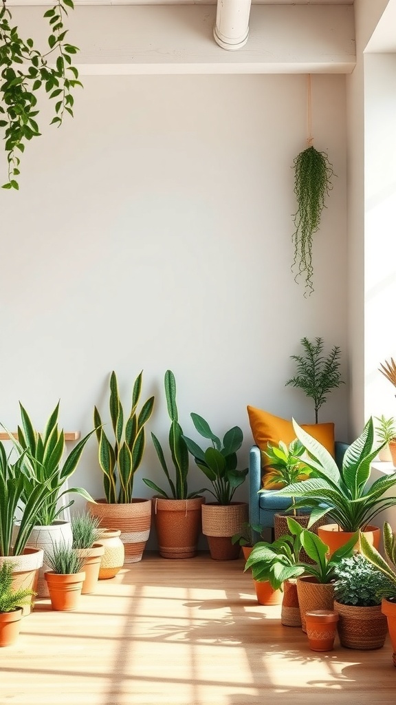 A bright room filled with various indoor plants in pots, featuring a cozy blue chair and sunlight streaming in.