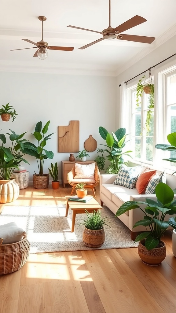 A cozy living room featuring various indoor plants, natural light, and farmhouse decor.