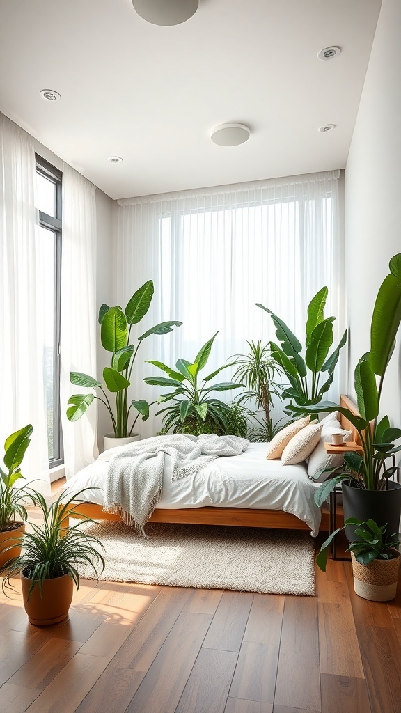 A bright bedroom with various indoor plants, a bed with white bedding, and large windows with sheer curtains.