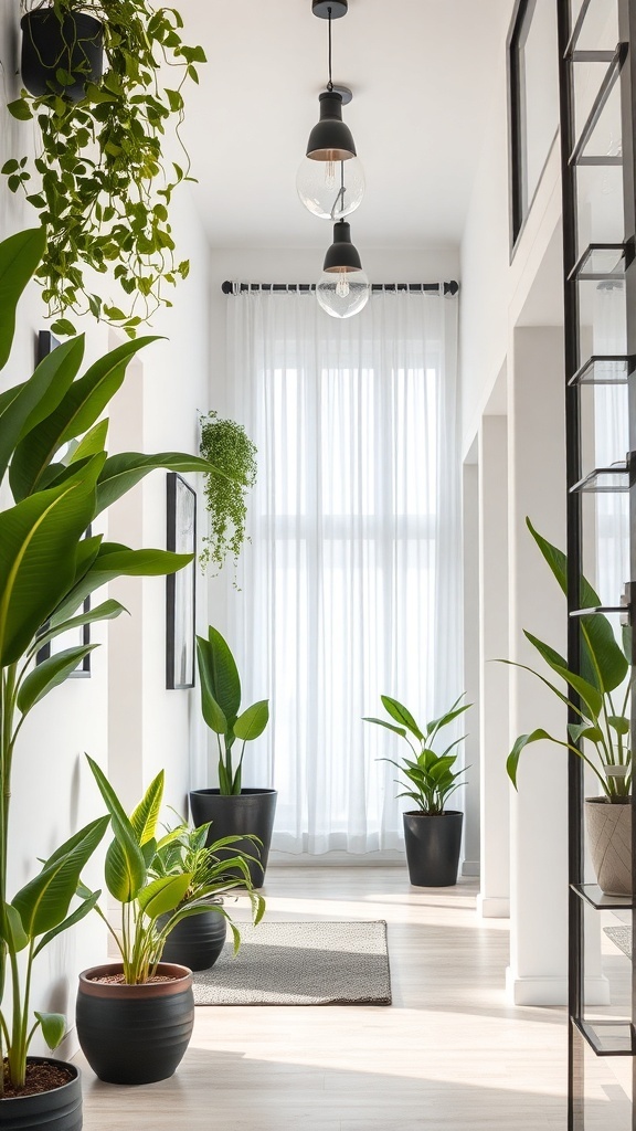 A narrow hallway decorated with various indoor plants in black pots, featuring natural light from large windows.