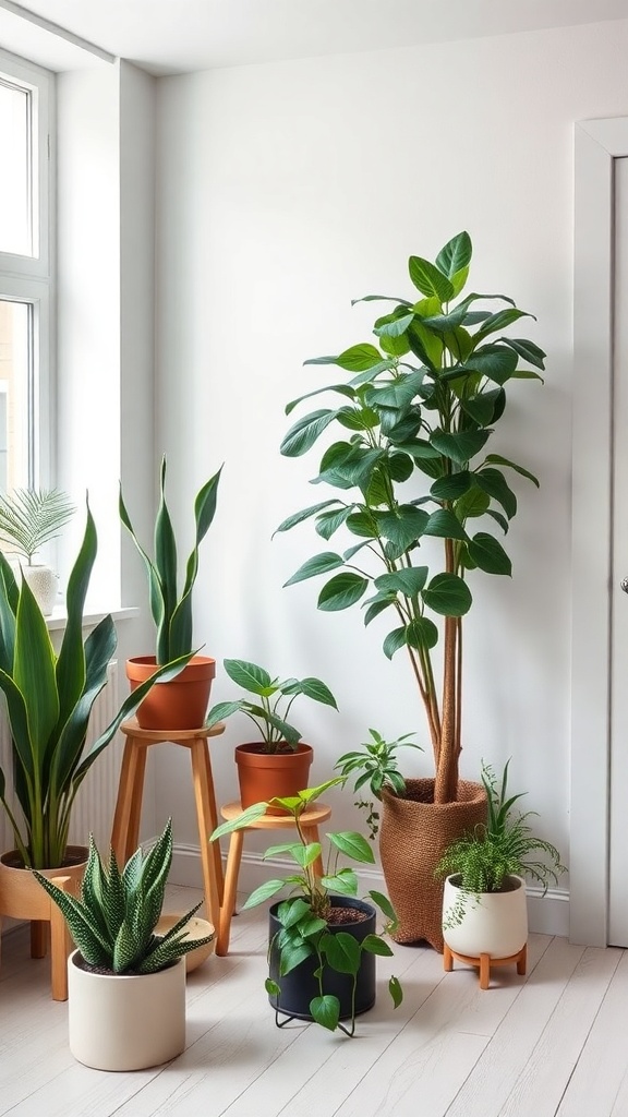 A collection of indoor plants in various pots arranged in a bright room.