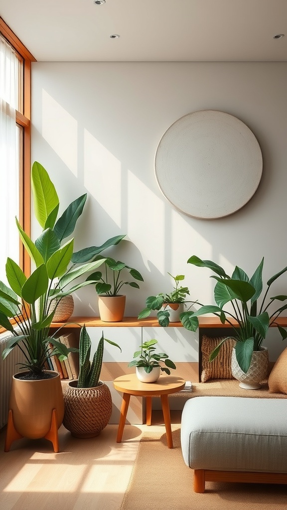 A cozy indoor space featuring various indoor plants in stylish pots, enhancing the minimalist decor.