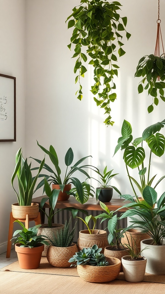 Indoor plants arranged in a cozy, minimalistic setting.