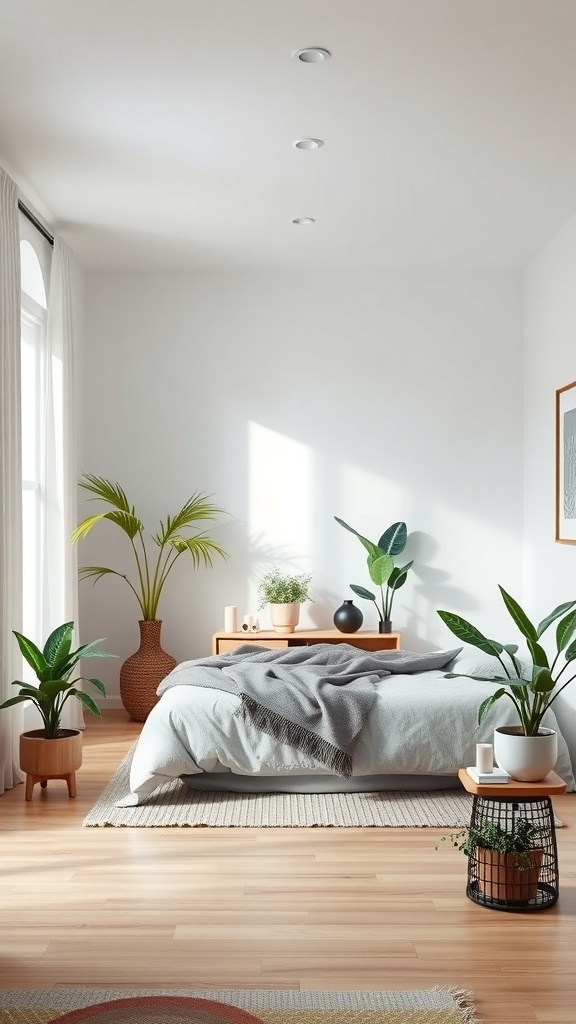 A minimalist Japanese bedroom featuring indoor plants, a cozy bed, and natural light.