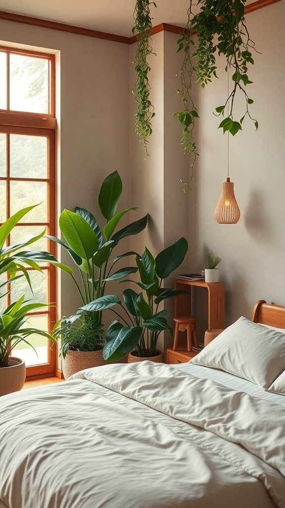 A serene Japandi bedroom featuring indoor plants, natural light, and soft bedding.
