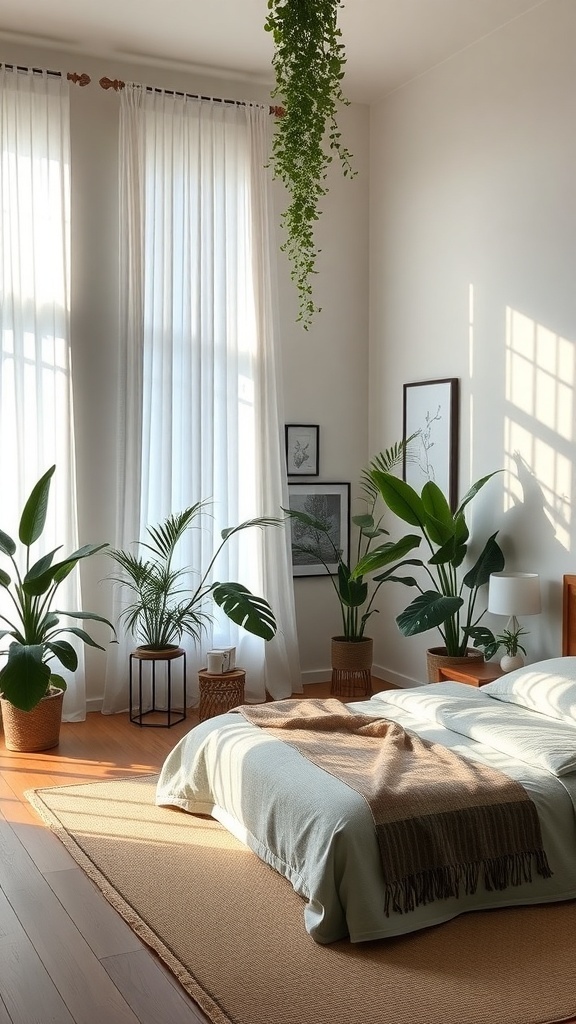 A serene Japandi bedroom featuring indoor plants, natural light, and soft bedding.