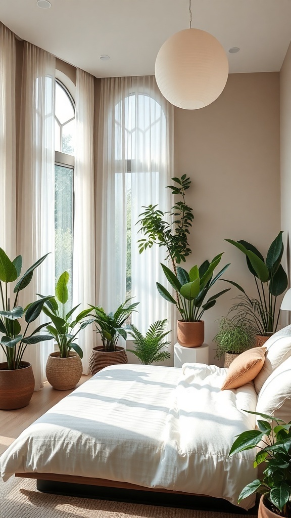 A serene bedroom with a bed and various indoor plants in stylish pots, featuring large windows with sheer curtains.