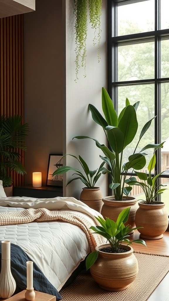 A serene Japandi bedroom with indoor plants, featuring a cozy bed and large windows.