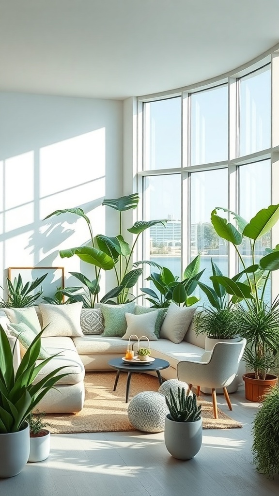 A bright and airy living room filled with various indoor plants, showcasing a coastal aesthetic.
