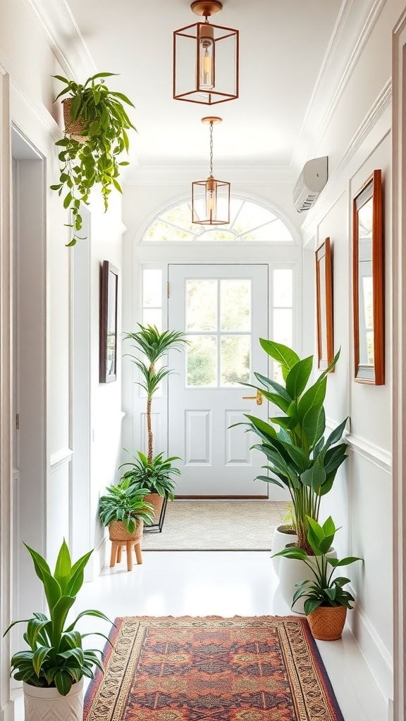 A bright hallway featuring various indoor plants, stylish lighting, and a decorative rug.