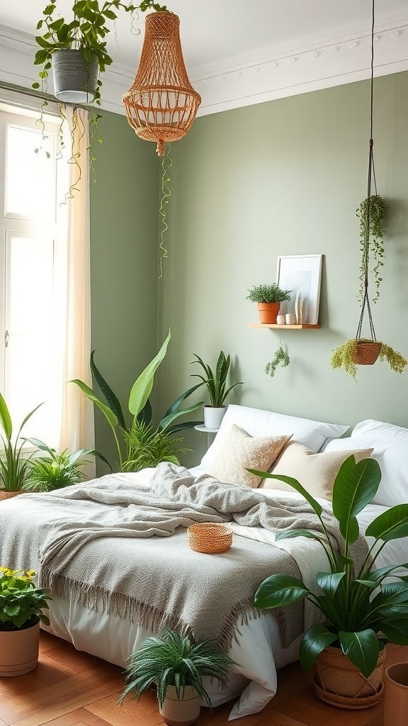 A Boho style bedroom with sage green walls, featuring various indoor plants around the bed and natural decor.