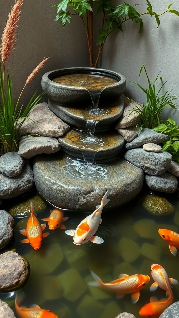 An indoor pond with a tiered fountain and colorful fish, surrounded by stones and plants.
