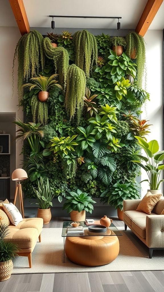 A beautiful indoor vertical garden featuring various lush green plants, enhancing the decor of a cozy living room.