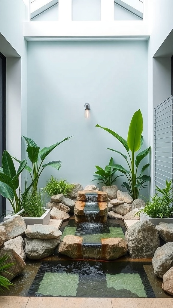 Indoor water feature with a small waterfall surrounded by rocks and plants.
