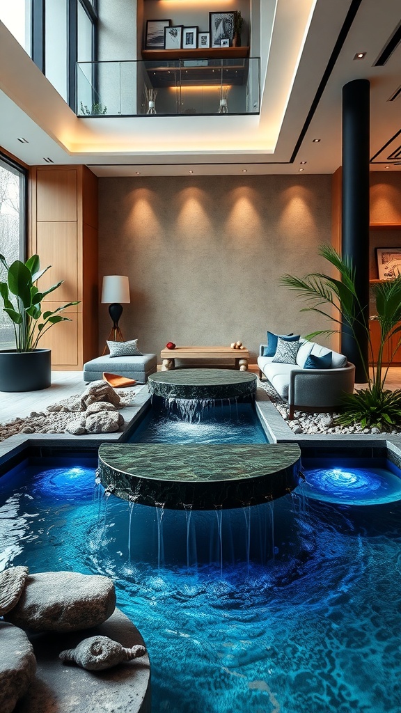 A modern living room with an indoor water feature, showcasing a serene pond with flowing water and stylish decor.