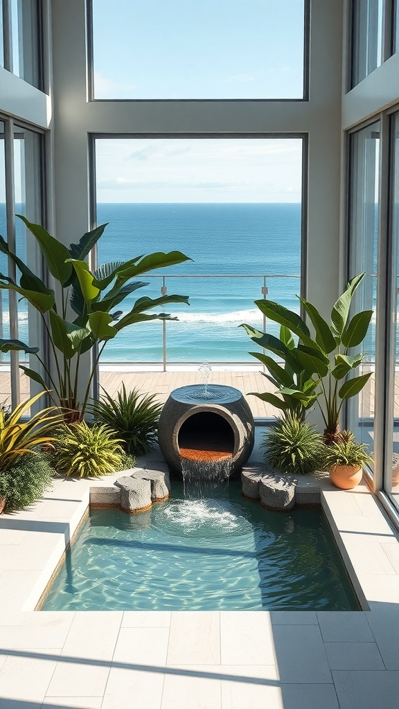 Indoor water feature with a modern design, surrounded by plants and large windows overlooking the ocean.